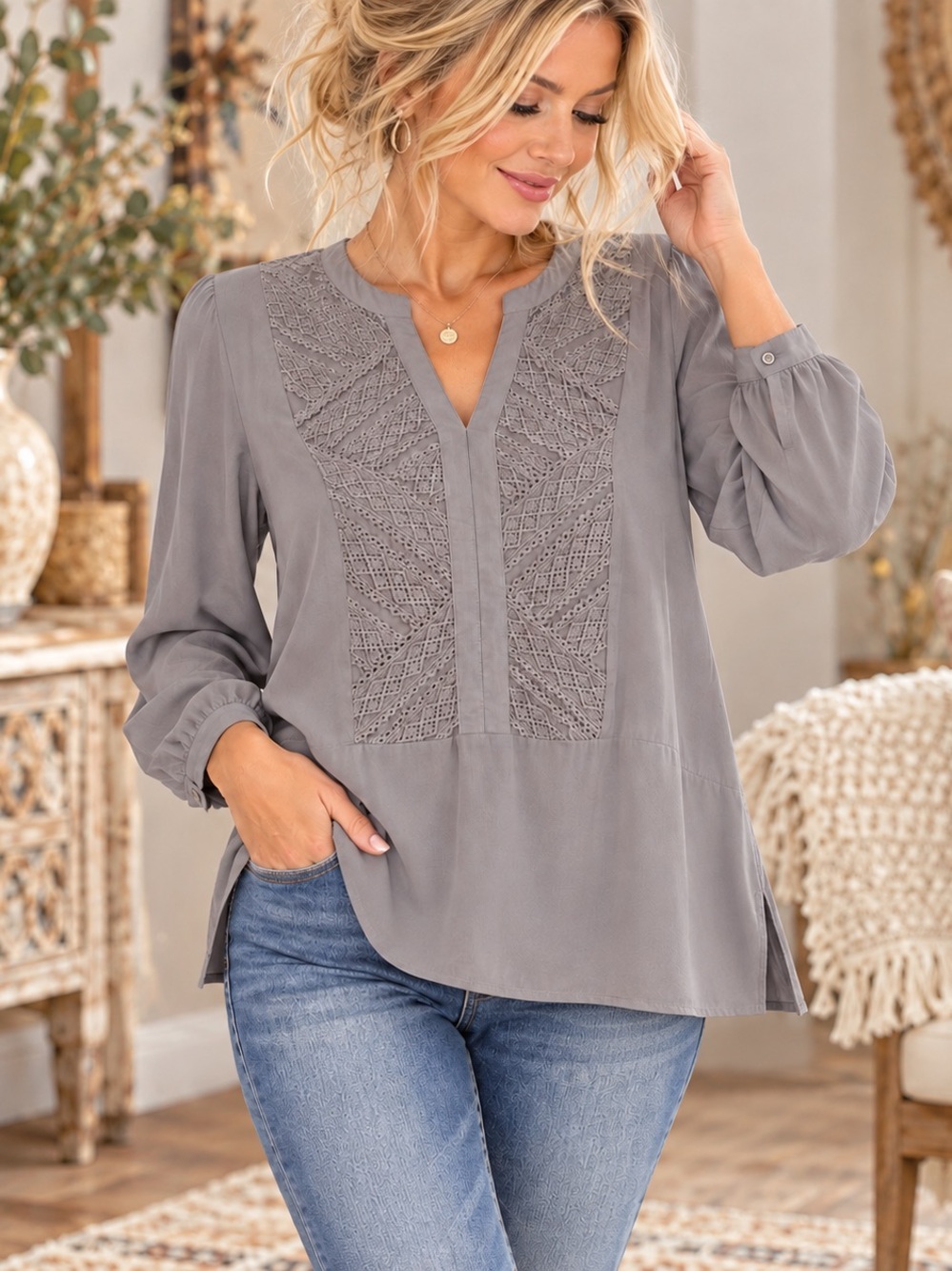 Spense Gray Lace Tunic Blouse Size M Long Sleeve High Low Hem Split V Neck